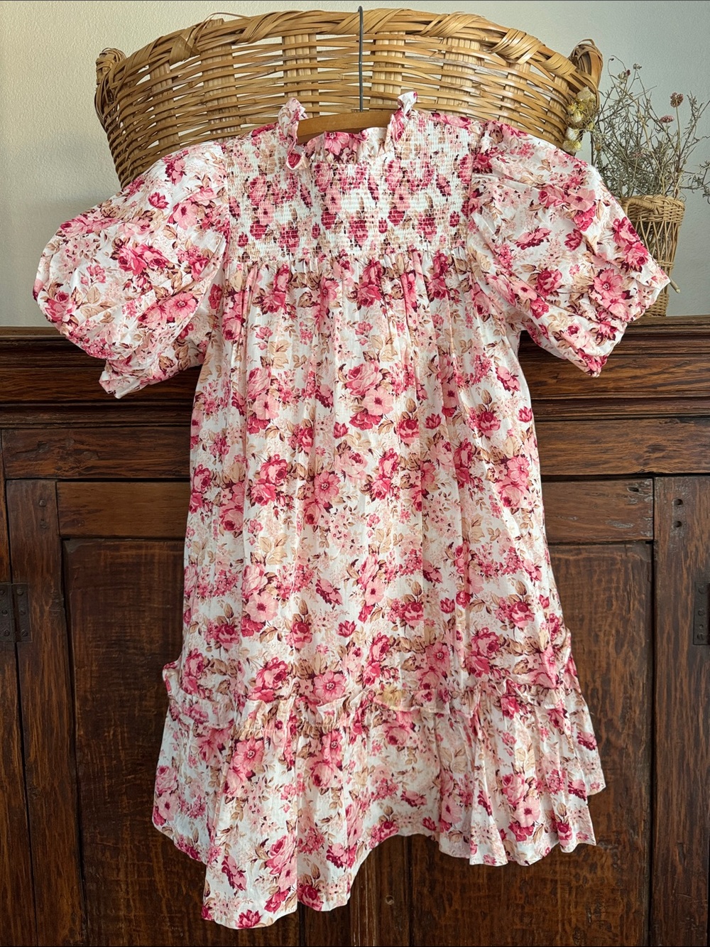 Janie and Jack Pink Rose floral smocked long ruffle puffy Sleeve Dress size 14